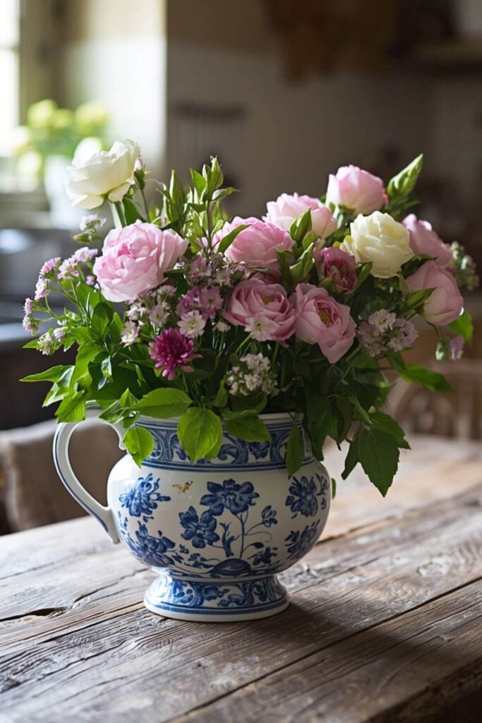 Fresh flowers in a transferware pitcher on a Rustic table in  French Country Kitchen Design 