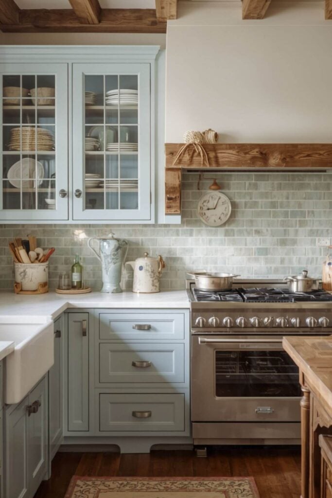 Photo of Light Blue and Green French Country Kitchen Design 