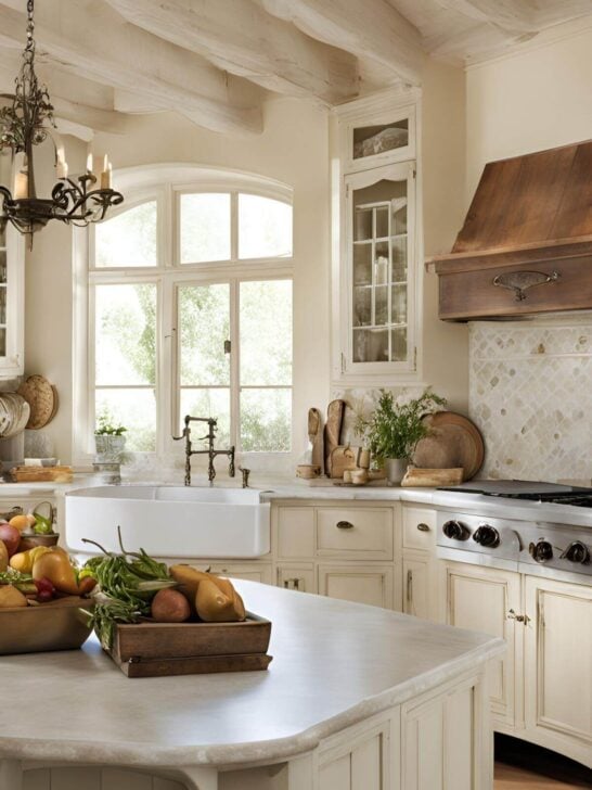 White French Cottage Kitchen with Exposed Beams in White 