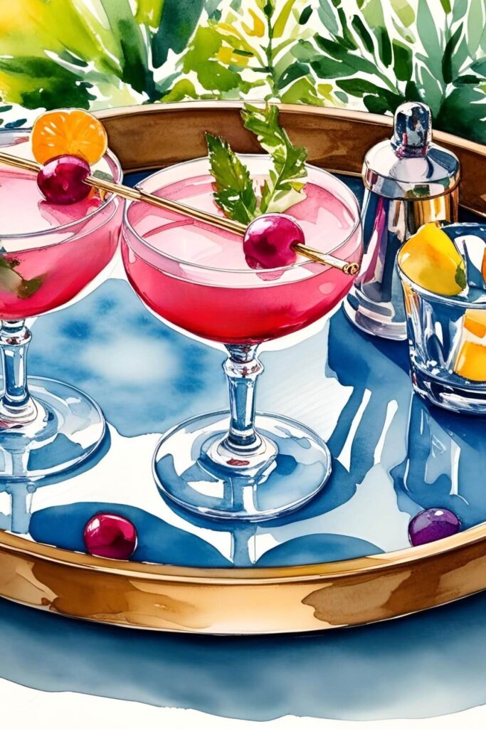 Designing Tips for a Cocktail Garden Bar * Watercolor of a Cocktail Tray  