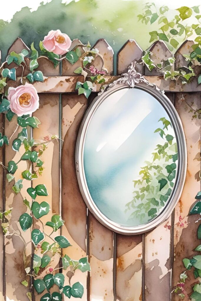 How to Create a Cocktail Garden - Watercolor of an Antique Mirror Hanging on a Fence Wall 