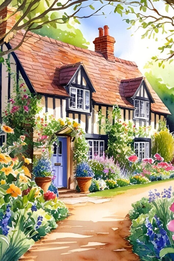 Design Elements of an English Cottage Garden - Watercolor of an English Cottage 