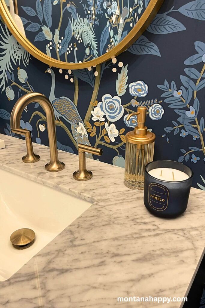 Designer Home Decor Ideas - Modern Dark Blue Bathroom with Gold Fixtures