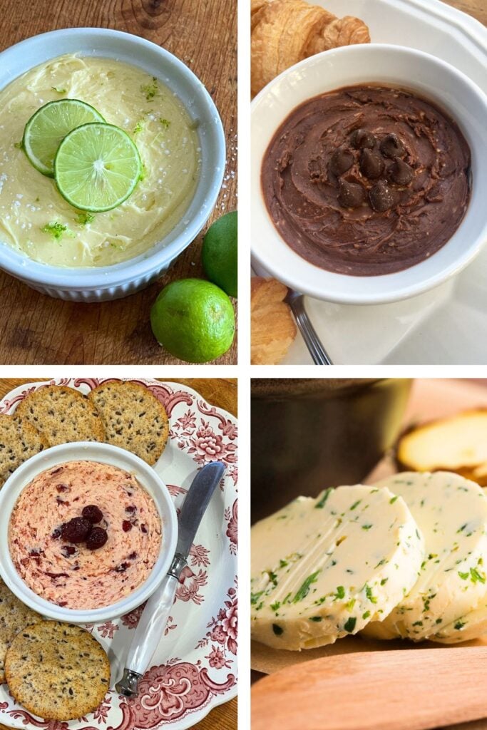 The Best Compound Butter Recipes - Photo of Whipped Key Lime Butter, Whipped Chocolate Butter, Summer Herb Butter, and Whipped Cranberry Butter