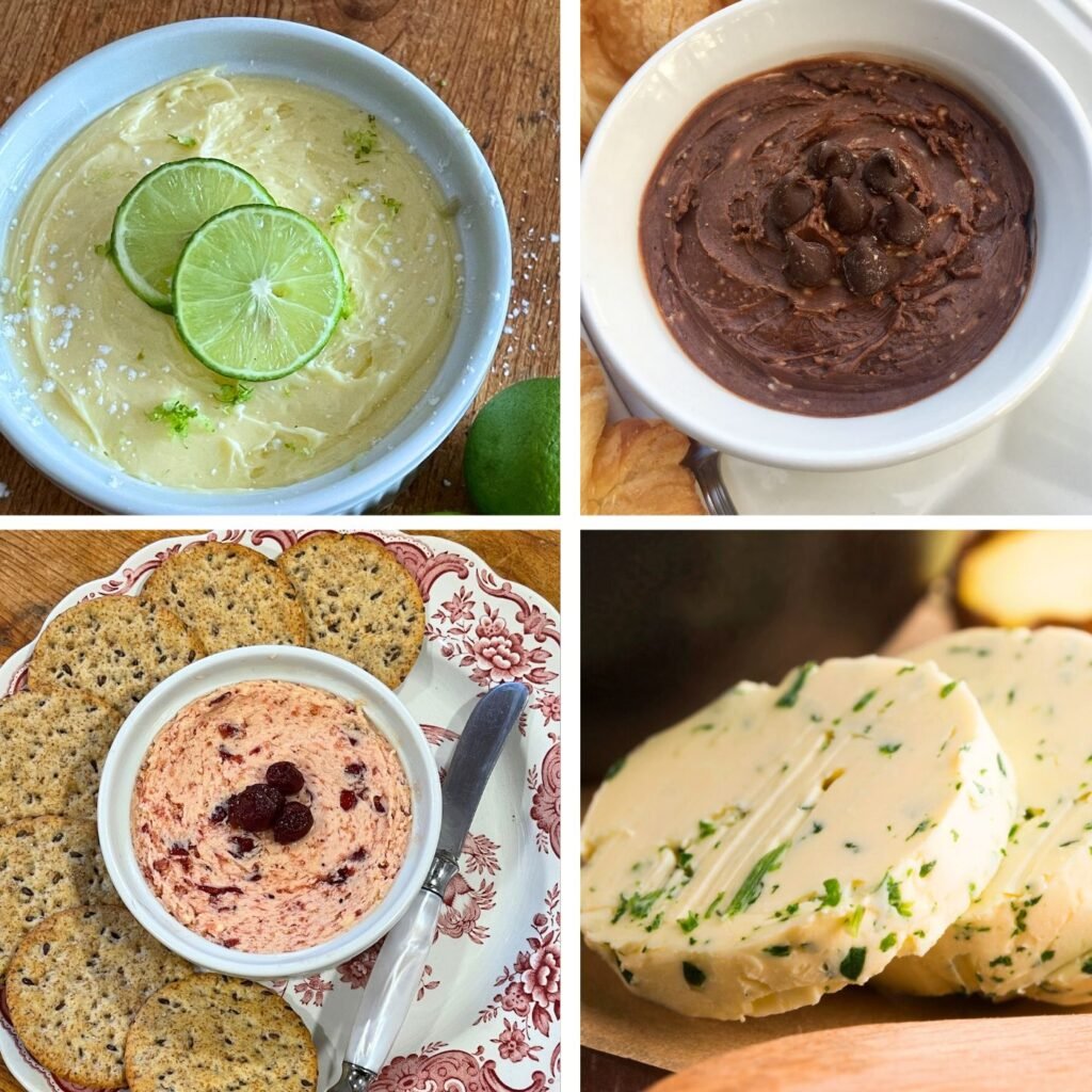 The Best Compound Butter Recipes - Photo of Whipped Key Lime Butter, Whipped Chocolate Butter, Summer Herb Butter, and Whipped Cranberry Butter