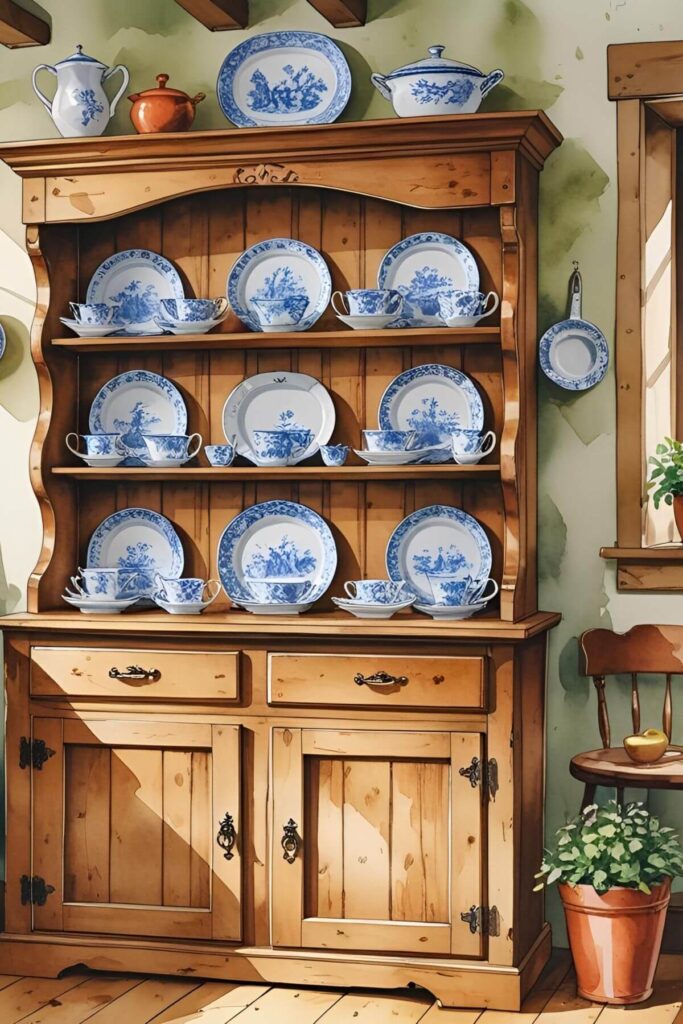 Grandma's Rule Book: Life Lessons Worth Keeping - Illustration of Wooden Hutch with Antique Dishes