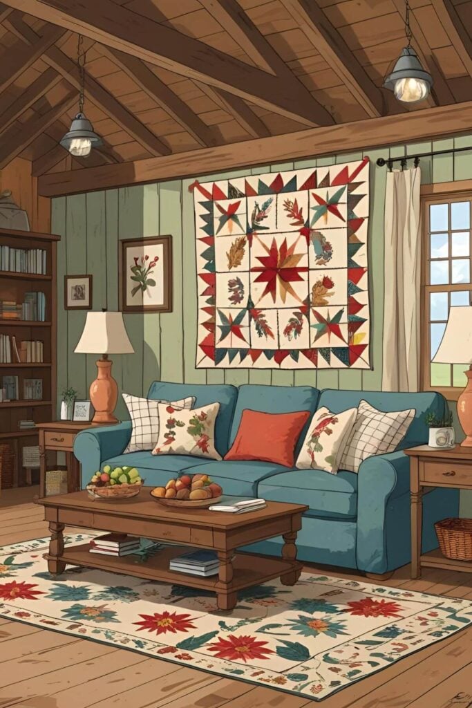Grandma's Rule Book: Life Lessons Worth Keeping - Illustration of a farmhouse living room with a quilt on the wall