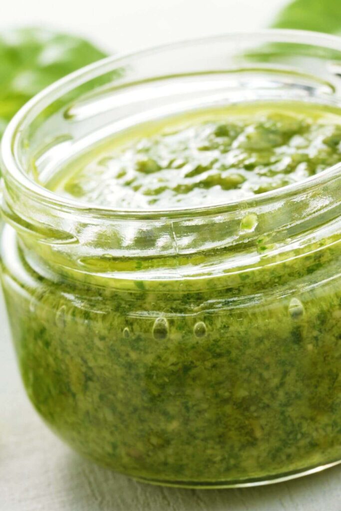 What to do with Basil Leaves * Photo of a Jar of Pesto Sauce