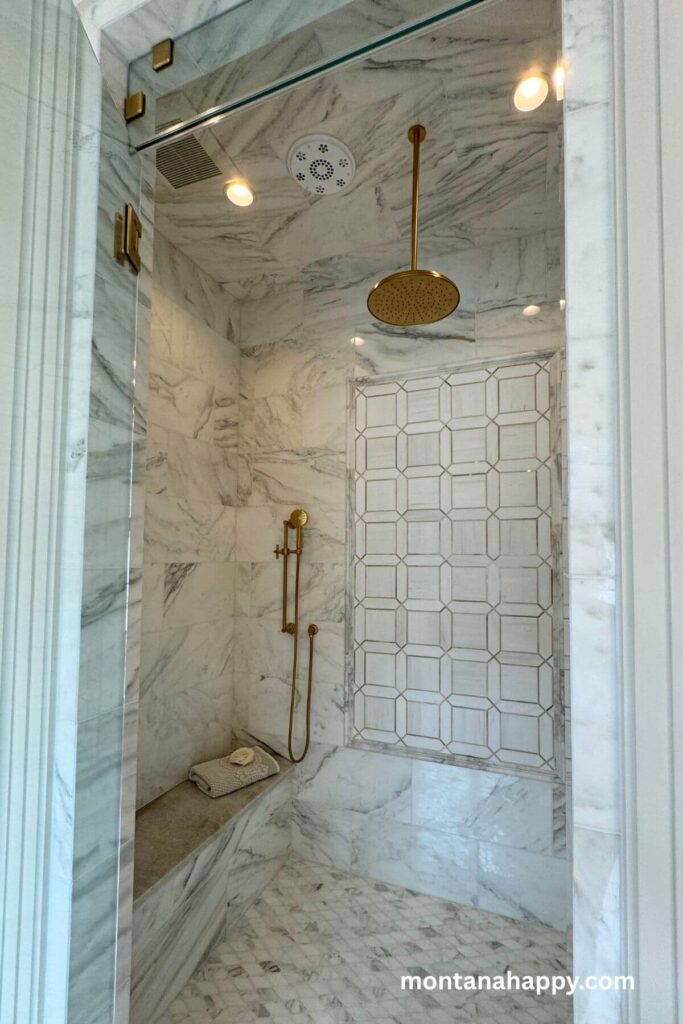 Modern Home Decor Ideas - Modern Marble Bathroom Shower Ideas with Brass Fixtures - An elegant modern shower features sleek white marble and brass fixtures, creating a luxurious, timeless space that feels both fresh and refined.