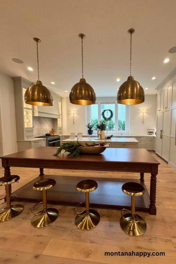 Modern Kitchen Design - Photo of a Neutral Open Kitchen with Brass Accents - A modern neutral kitchen feels effortlessly elegant, its soft cream palette anchored by a striking wood island. Brass stools and coordinating brass light fixtures overhead add a warm, polished glow that elevates the entire space.