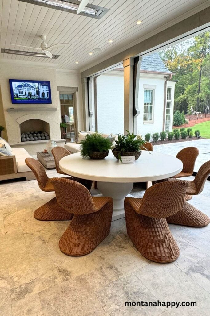 Modern Outdoor Kitchen Design - Photo of Covered Outdoor Patio Ideas with Fireplace and Outdoor Dining Table