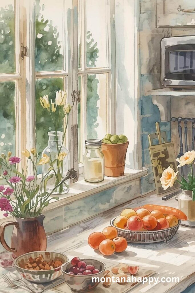 How to Romanticize Your Life - Watercolor Picture a Kitchen with Fruit and Flowers 