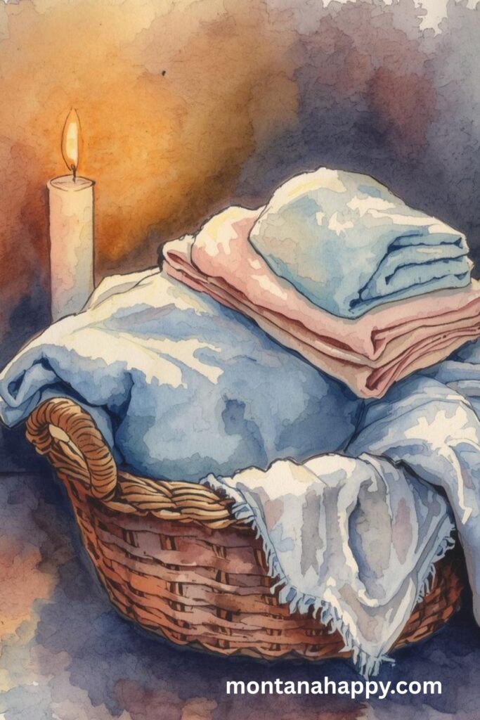 How to Romanticize Your Life - Watercolor Picture of a Wicker Laundry Basket with Folded Clothes by Candlelight 