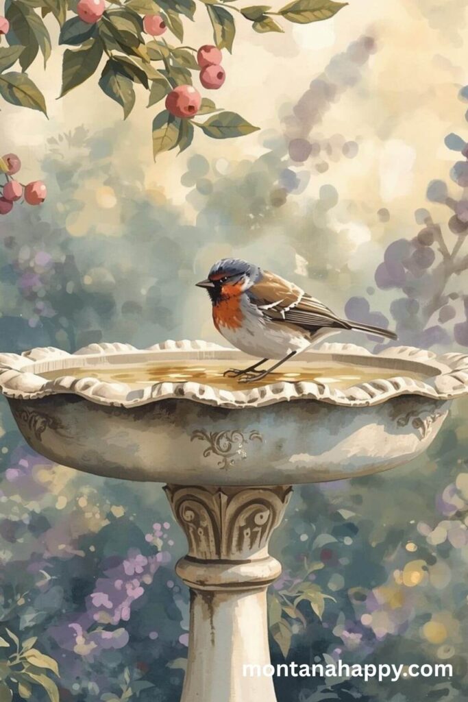How to Romanticize Your Life - Watercolor of Bird in a Bird Bath 