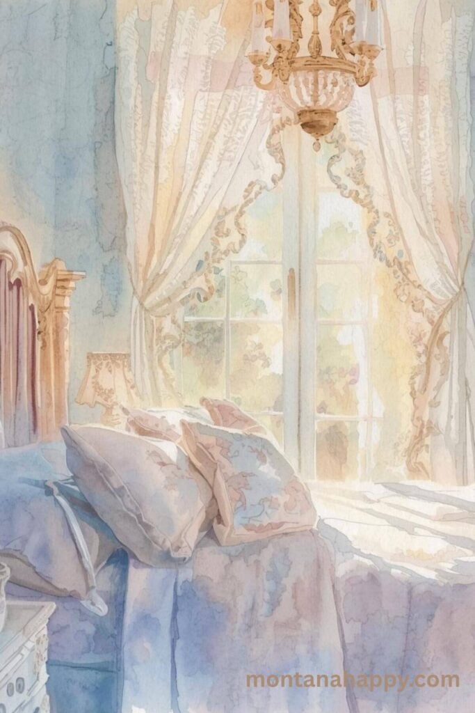 How to Romanticize Your Life - Watercolor of a Bedroom with a Window with Lace Curtains 