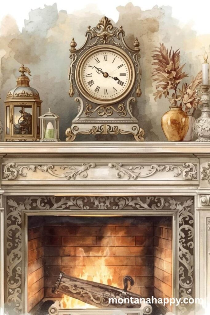 How to Romanticize Your Life - Watercolor of a Fireplace Mantel and Antique Clock 