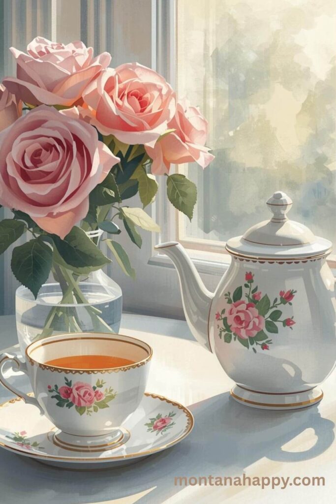 How to Romanticize Your Life - Watercolor of a Vase of Roses and Tea Cup and Saucer and Tea Pot 