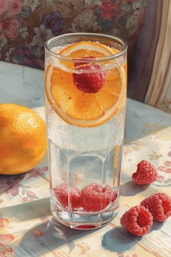 Romanticizing Your Life - Watercolor of Sparkling Water with Citrus and Raspberries 