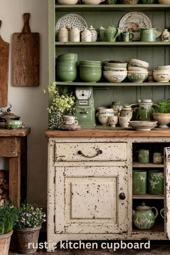 Rustic Kitchen Ideas - Antique Cupboard with Vintage Pottery 