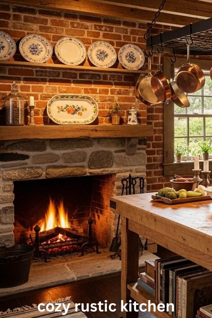 Cozy Brick and Wood Kitchen with Fireplace 