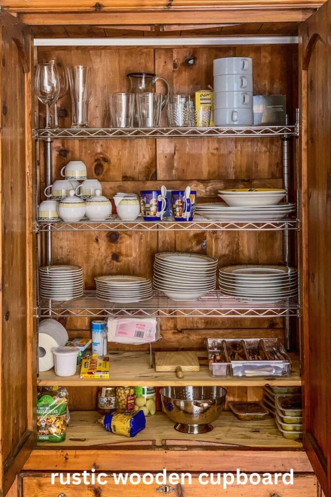 Photo of Rustic Wooden Kitchen Cabinet with Dishes 