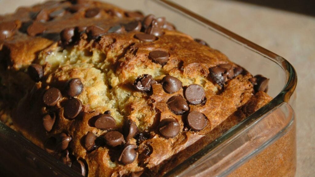 Chocolate Chip Banana Bread Recipe in a Glass Loaf Pan 