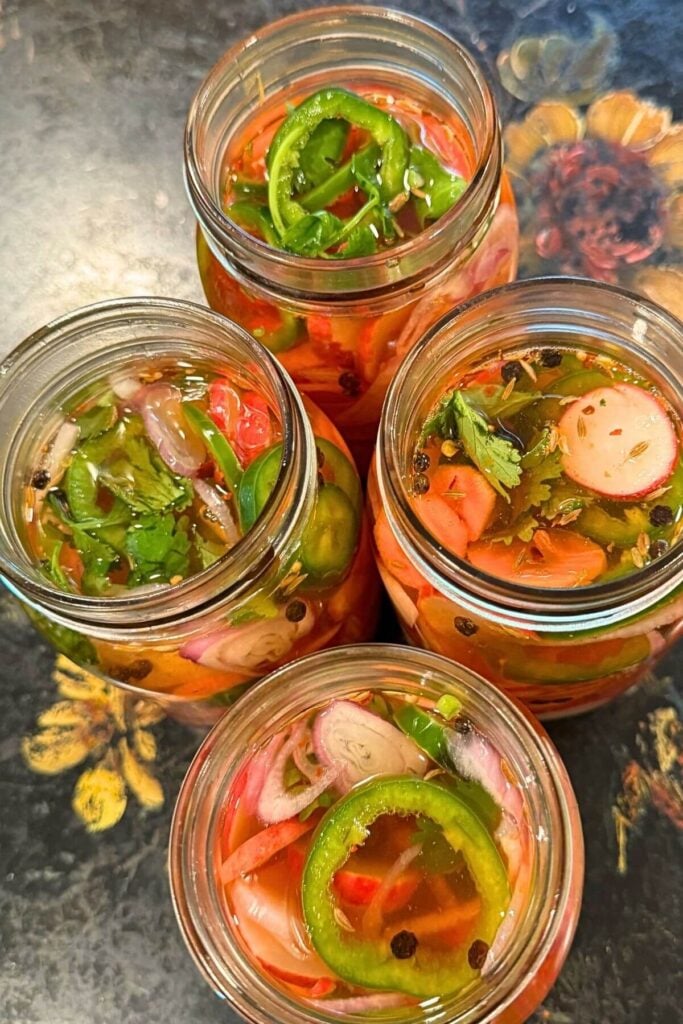 Overhead Photo of Taco Quickles in Mason Jars 